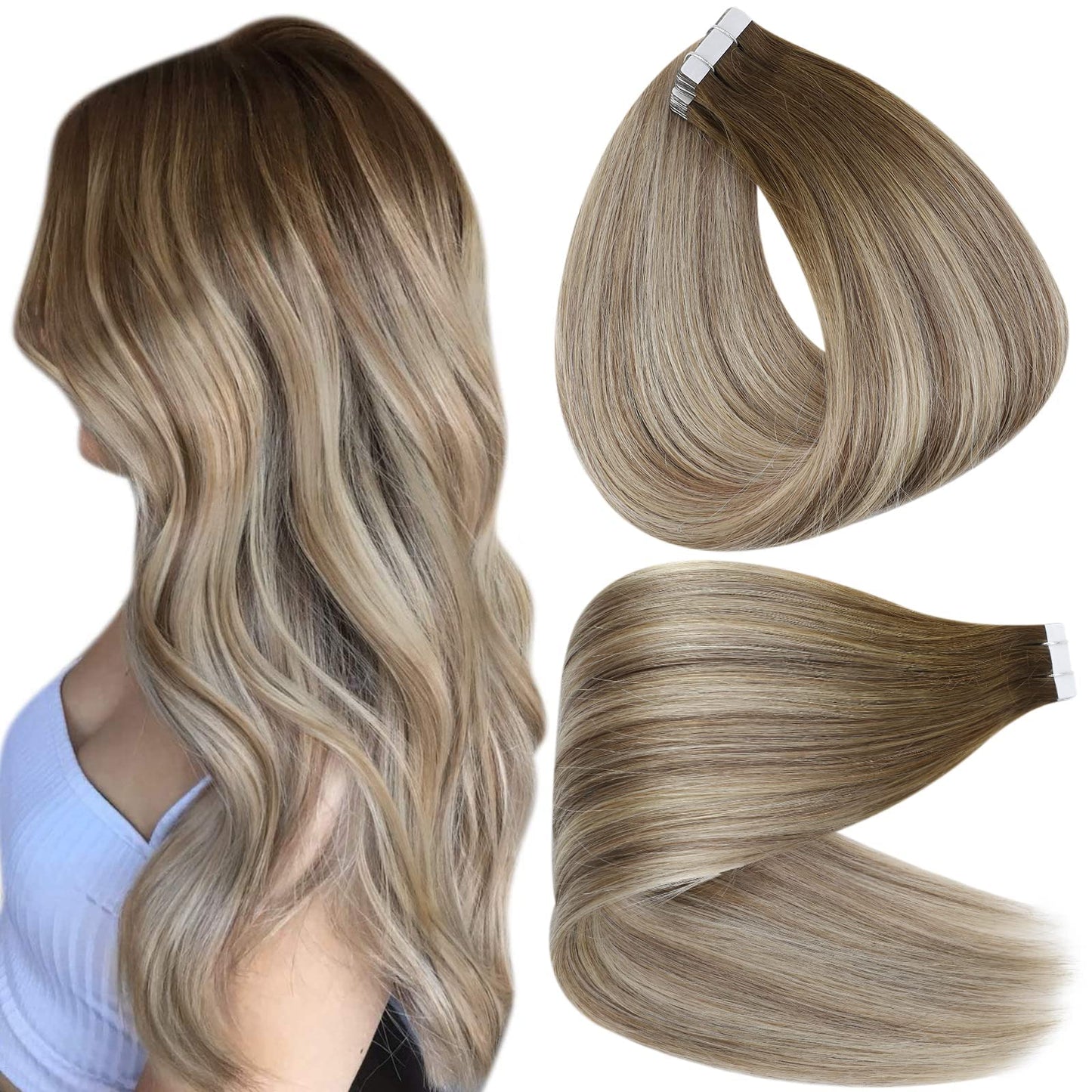 Full Shine Tape In Real Hair Extensions 18 Inch Color 3 Fading To 8 Highlighted 22 Blonde Balayage Seamless Tape In Extensions H