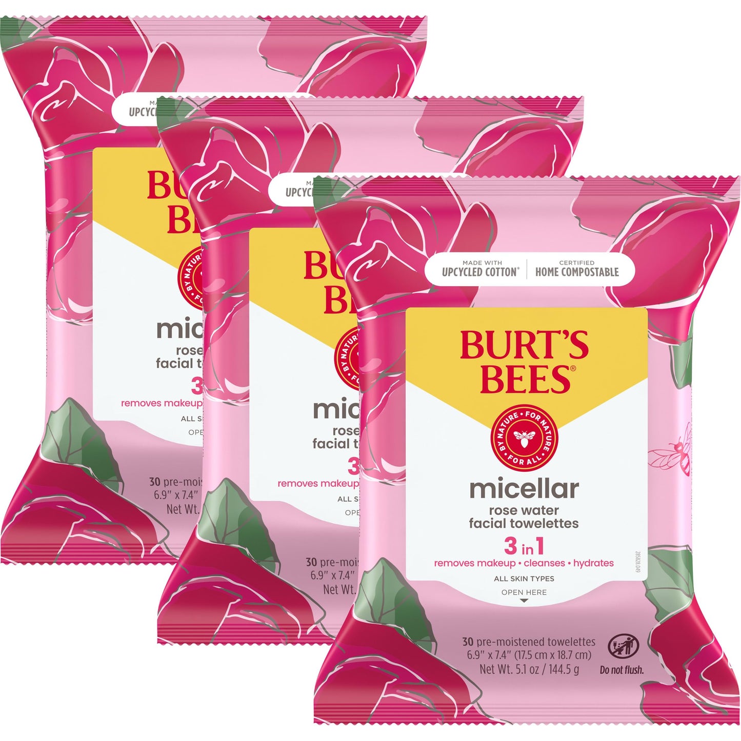Burt'S Bees Rose Water Face Wipes, For All Skin Types, Hydrating Micellar Makeup Remover & Facial Cleansing Towelettes, 30 Ct (3