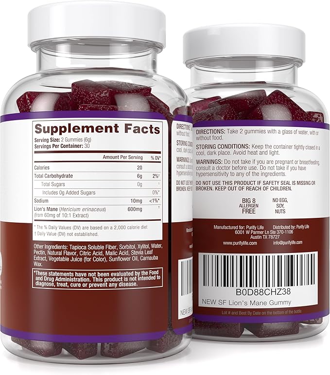 Purify Life Sugar Free Lions Mane Supplement Gummies - Nootropic Supplement for Cognition, Brain Power, and Stress Response - Natural Berry Flavor - 60ct