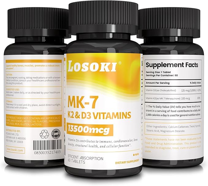 D3+K2 - Vitamin D3 and K2 Supplement for Bone and Heart Health - 60 Tablets