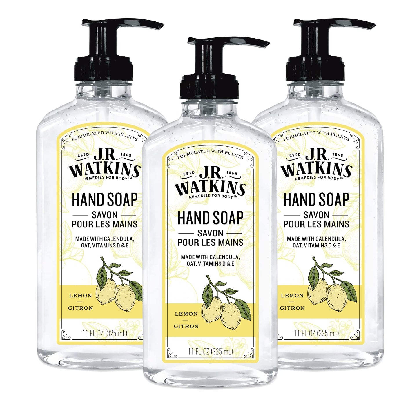 J.R. Watkins Gel Hand Soap, Scented Liquid Hand Wash For Bathroom Or Kitchen, Usa Made And Cruelty Free, 11 Fl Oz, Lemon, 3 Pack