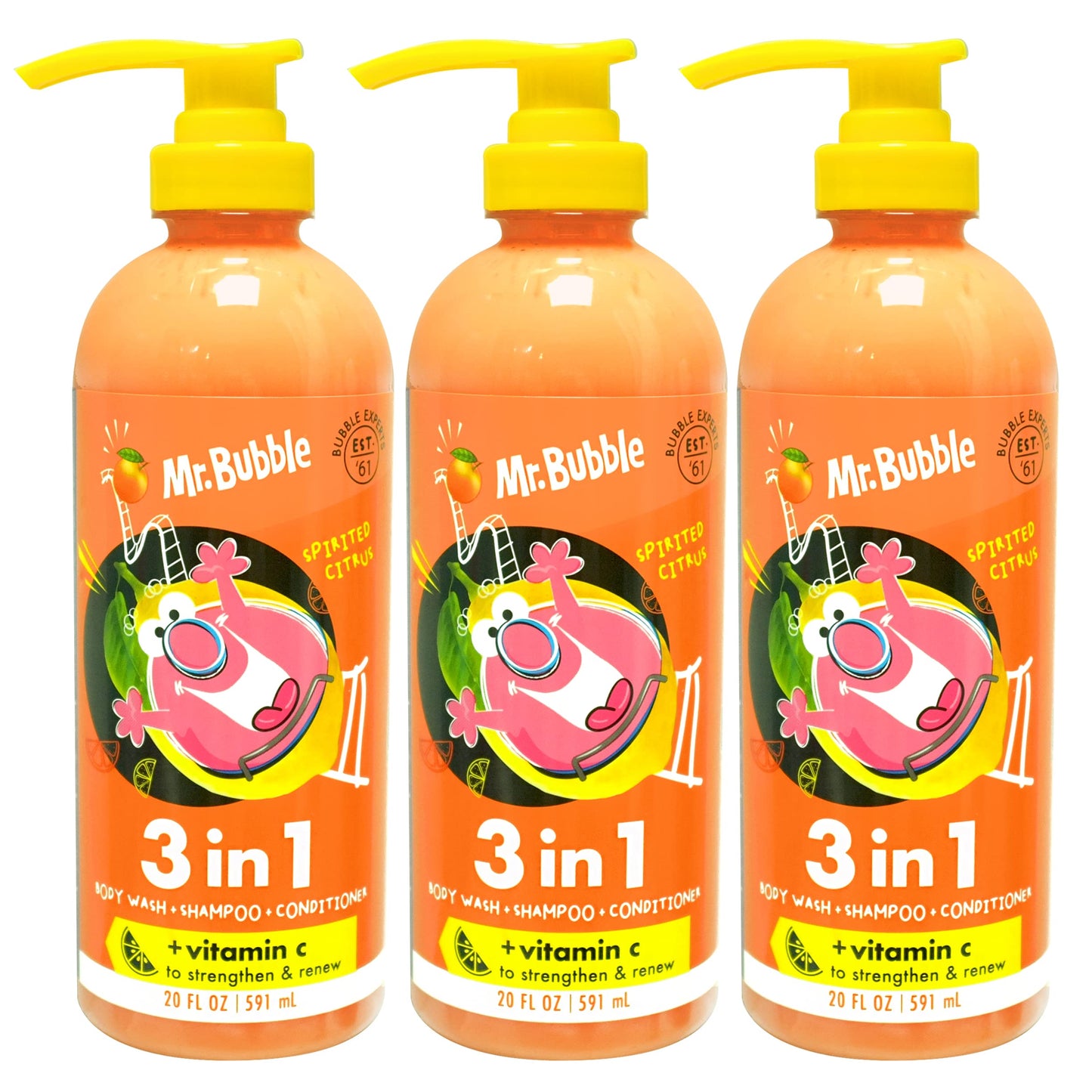 Mr. Bubble Spirited Citrus 3-In-1 Body Wash, Shampoo & Conditioner Plus Vitamin C Strengthen And Renew Hair And Body 3-Pack