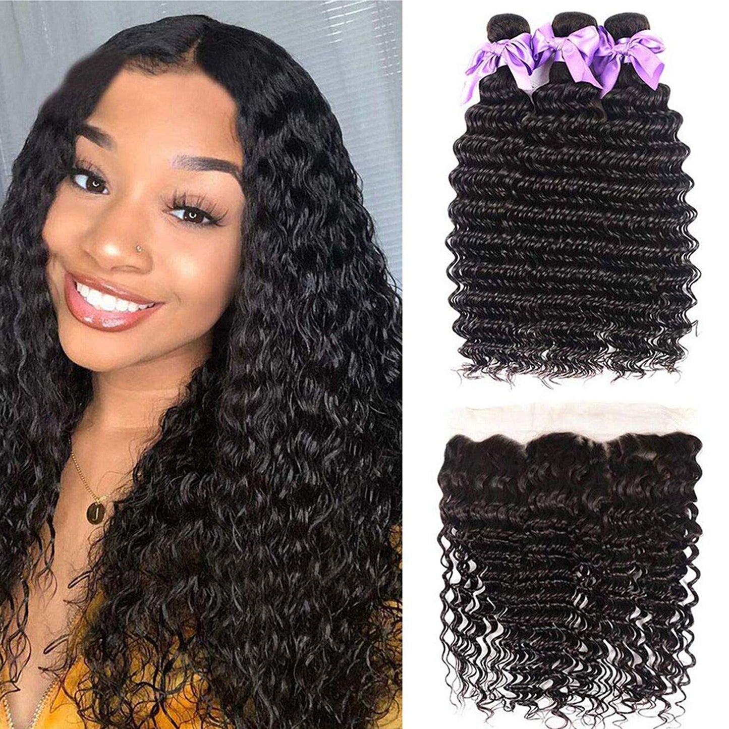 8A Brazilian Deep Wave Human Hair Bundles With Frontal 13X4 Free Part Lace Frontal Virgin Human Hair Bundles Human Hair Extensio