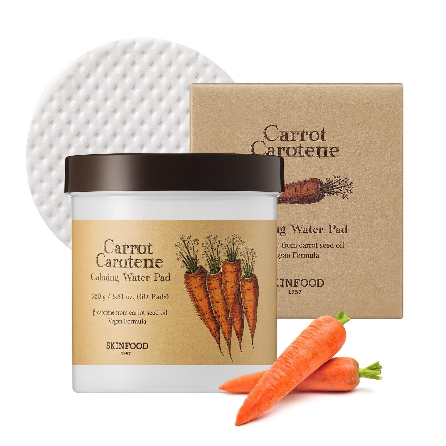 Skinfood Carrot Carotene Calming Water Pad 250G (8.81 Oz.) 60 Sheets- Redness Relief Soothing Facial Toner Pads For Sensitive Sk