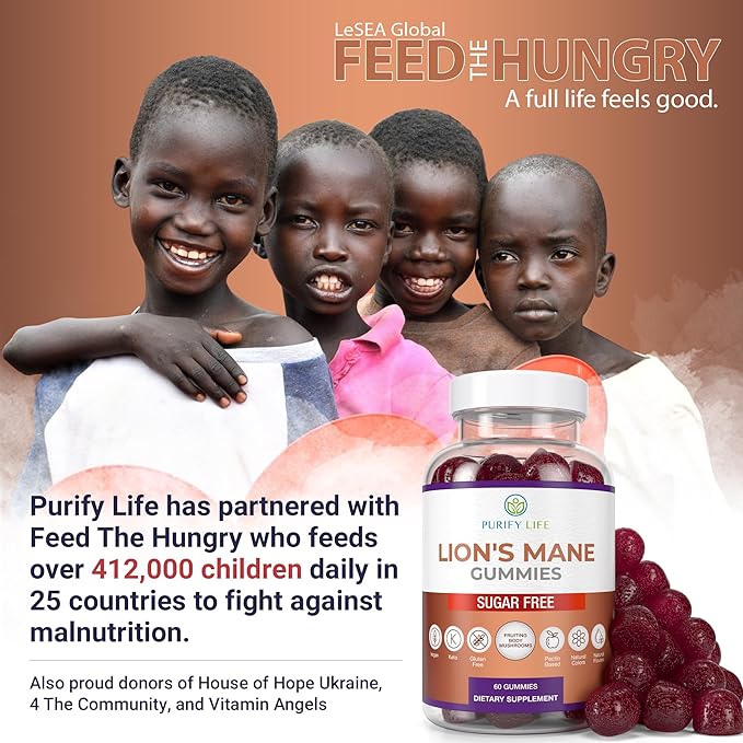 Purify Life Sugar Free Lions Mane Supplement Gummies - Nootropic Supplement for Cognition, Brain Power, and Stress Response - Natural Berry Flavor - 60ct