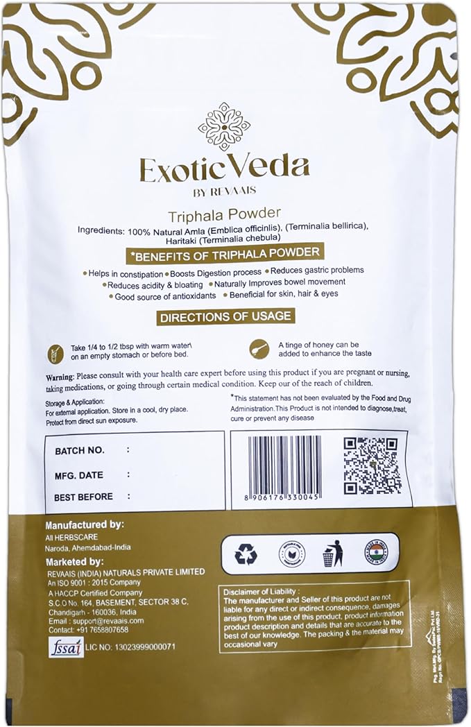 Organic Triphala Powder - Detox Cleanse for Lung, Liver, Colon, and Gut Health - Herbal Skin Care and Fiber Powder - Detox Ghrita and Triphala Organic India - 100g
