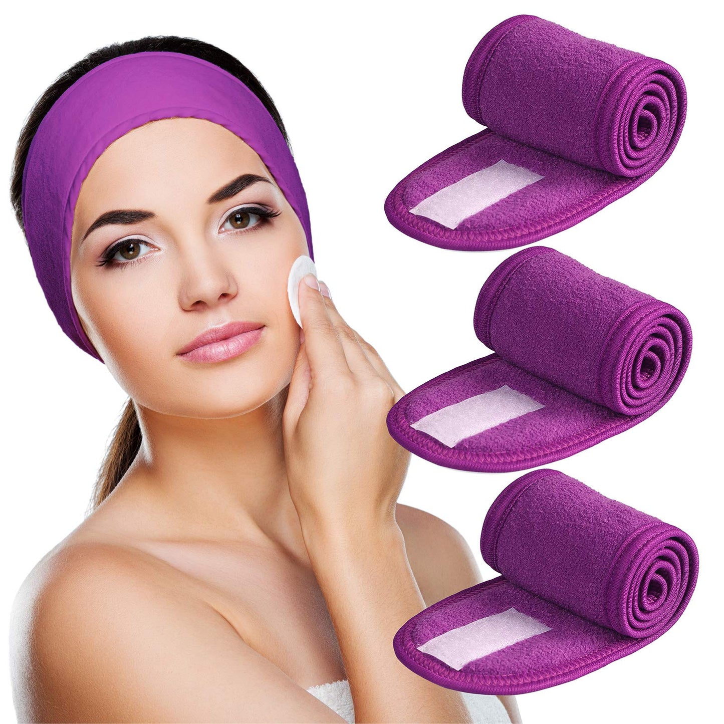 Denfany Spa Headband 3 Pack Ultra Soft Adjustable Face Wash Headband For Face Washing, Shower, Makeup And Sport (Purple)