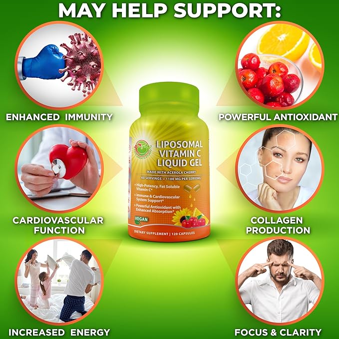 Liposomal Vitamin C Liquid Gel Capsules - 1100mg - Made with Organic Acerola Cherries, High Potency Vitamin C Liposomal Immune Support Supplement with Enhanced Absorption & Bioavailability - 120 count