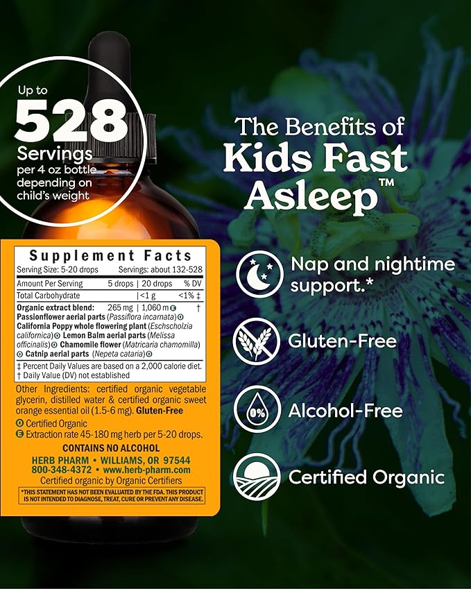 Herb Pharm Kids Certified-Organic Alcohol-Free Fast Asleep Liquid Herbal Formula, 4 Ounce