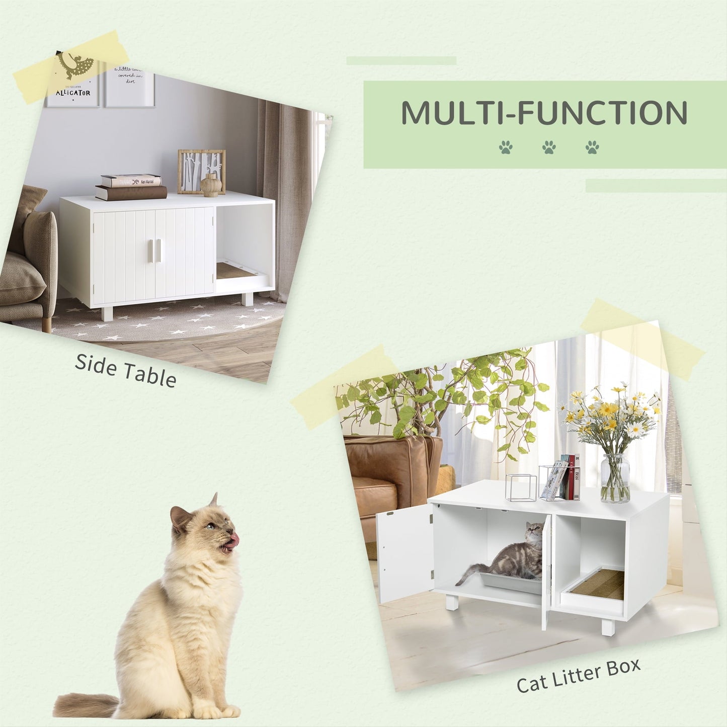 Noaman Wooden Cat Litter Box Enclosure & House with End Table Design, Magnetic Doors & Cat Scratcher, Multi-Functional Hidden Washroom for Kitty, White, 35.75"L x 20.5"W x 20"H