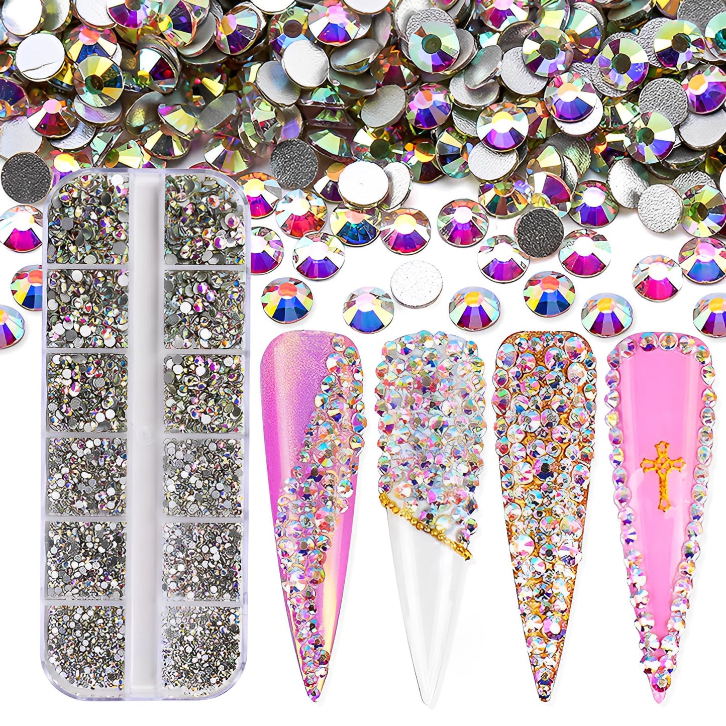 Jollin 3600Pcs Flatback Rhinestones Glass Charms Diamantes Gems Stones For Nail Art 6 Size Ss4~Ss12 Box Crystal Ab