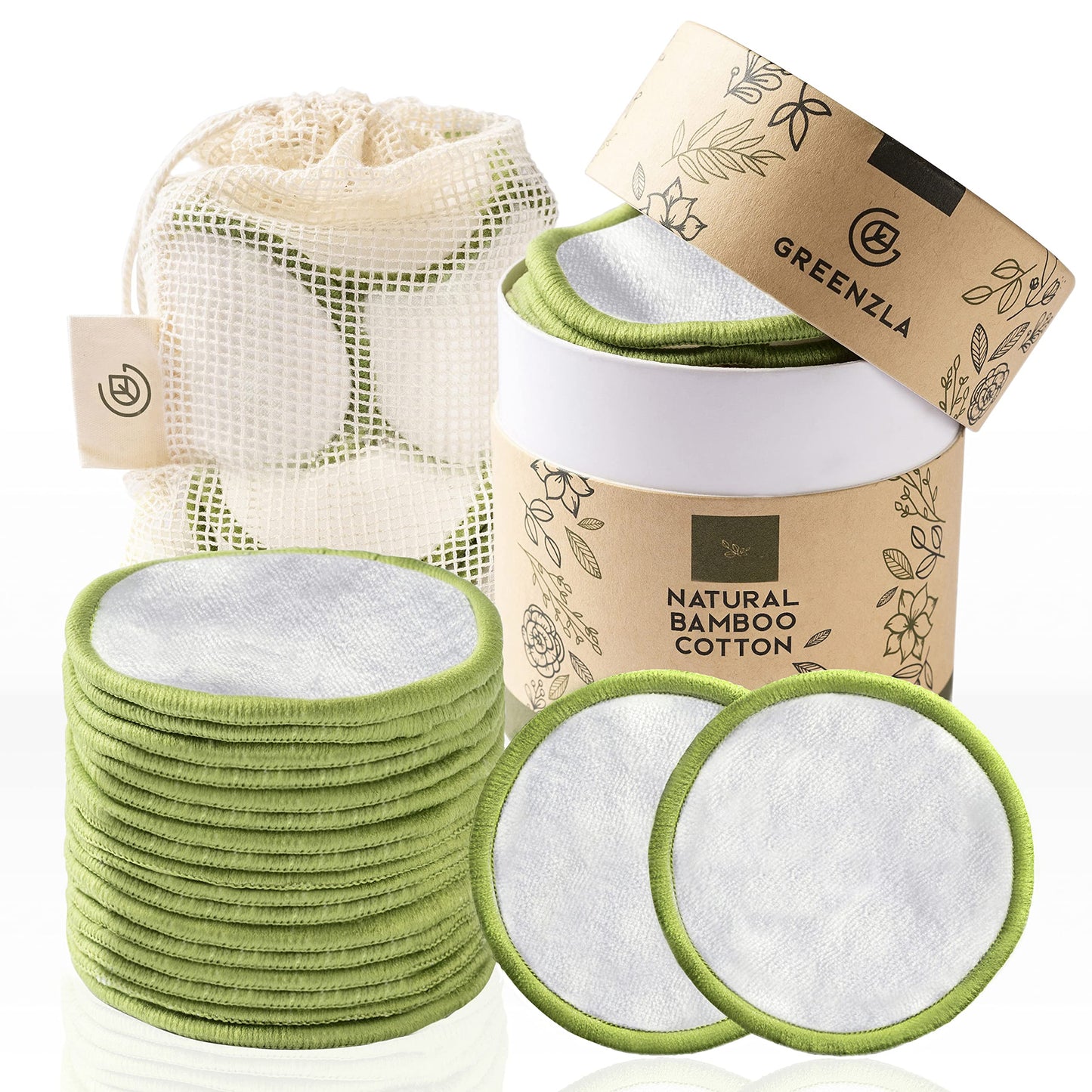 Greenzla Reusable Makeup Remover Pads (20 Pack) With A Washable Laundry Bag And Round Box For Storage, Reusable Bamboo Cotton Ro