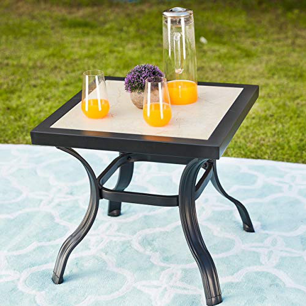 LOKATSE Home 21" Outdoor Square Patio Bistro End Table Metal Steel Legs with Ceramics Top, Black