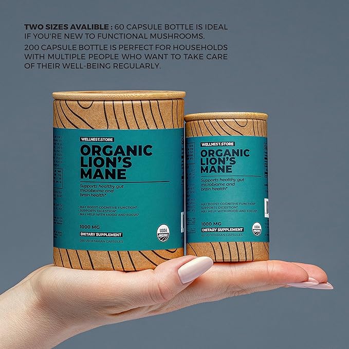 Lions Mane Mushroom Organic Supplement (Hericium Extract) 60 Veggie Caps - Immune Support Supplement; Improve Cognitive Function + Promote Vitality, Protect Nerve Cells
