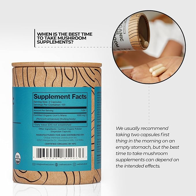 Lions Mane Mushroom Organic Supplement (Hericium Extract) 60 Veggie Caps - Immune Support Supplement; Improve Cognitive Function + Promote Vitality, Protect Nerve Cells