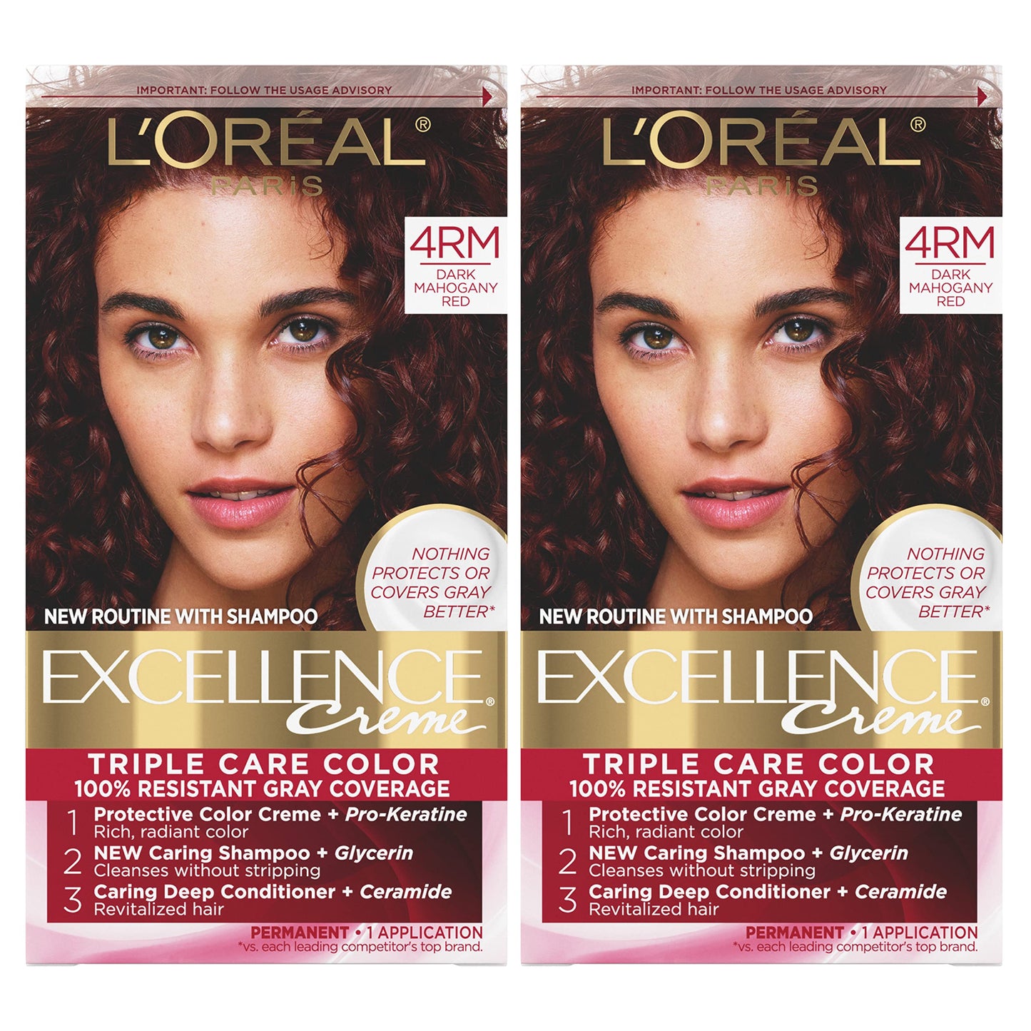 L'Oreal Paris Excellence Creme Permanent Hair Color, 4Rm Dark Mahogany Red, 100 Percent Gray Coverage Hair Dye, Pack Of 2