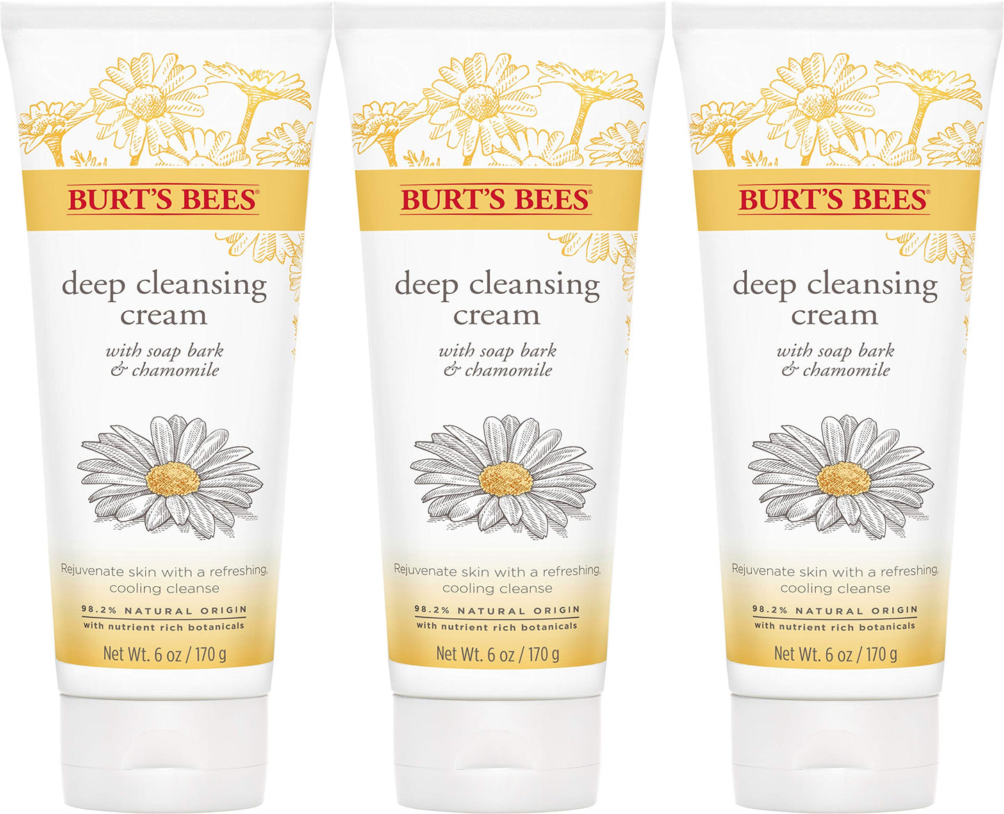 Burt's Bees Face Wash, Deep Facial Cleansing Cream, All Natural Cleanser with Chamomile, 6 Ounce (Pack of 3) (Packaging May Vary