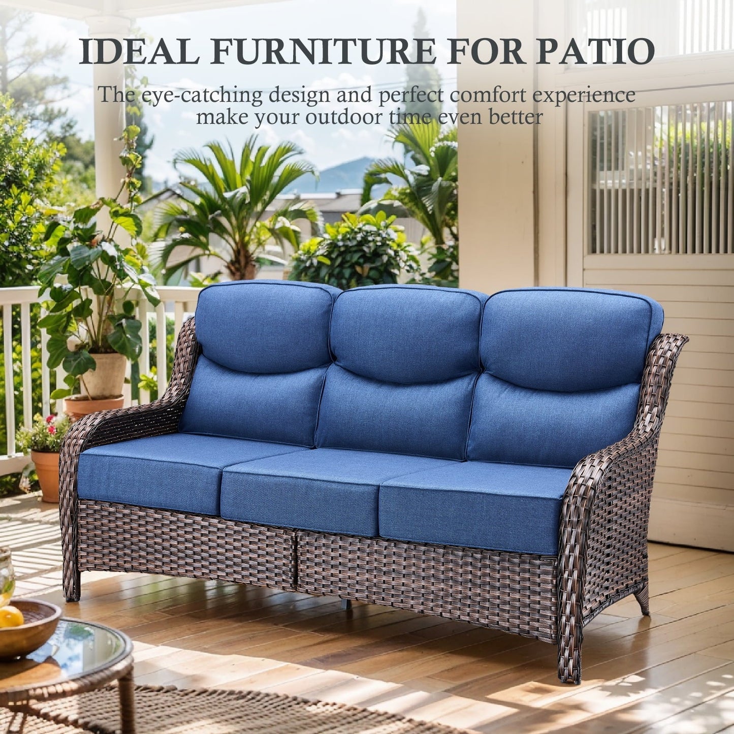 OPOHORO 71" Wide Brown Wicker Patio 3-Seat Couch, Weather Resistant Rattan Outdoor Furniture Sofa with Deep Seat for Patio Backyard Porch, Blue Cushion