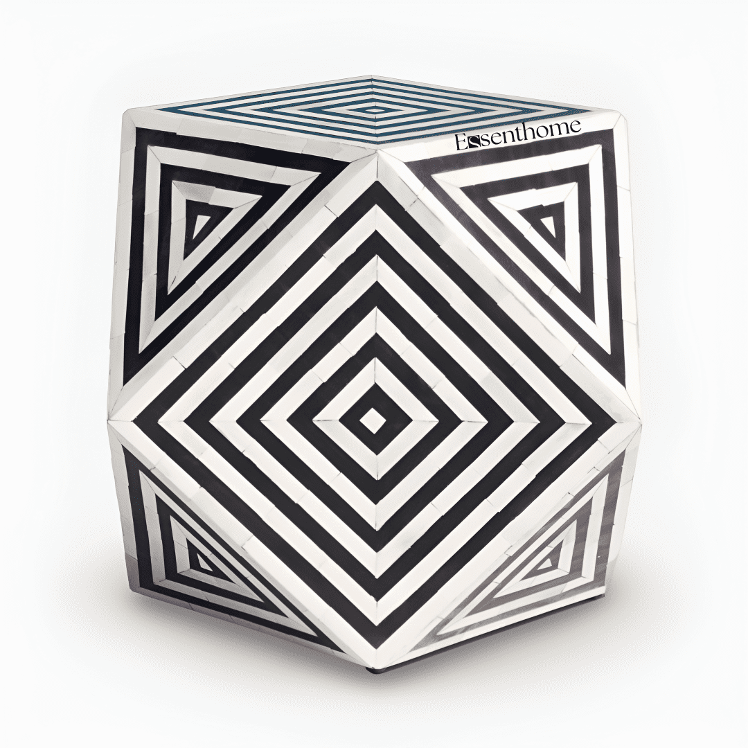 Abstract Pattern Bone Inlay End Table – Compact Resin Accent Table – Handcrafted Side Table for Living Room or Bedroom