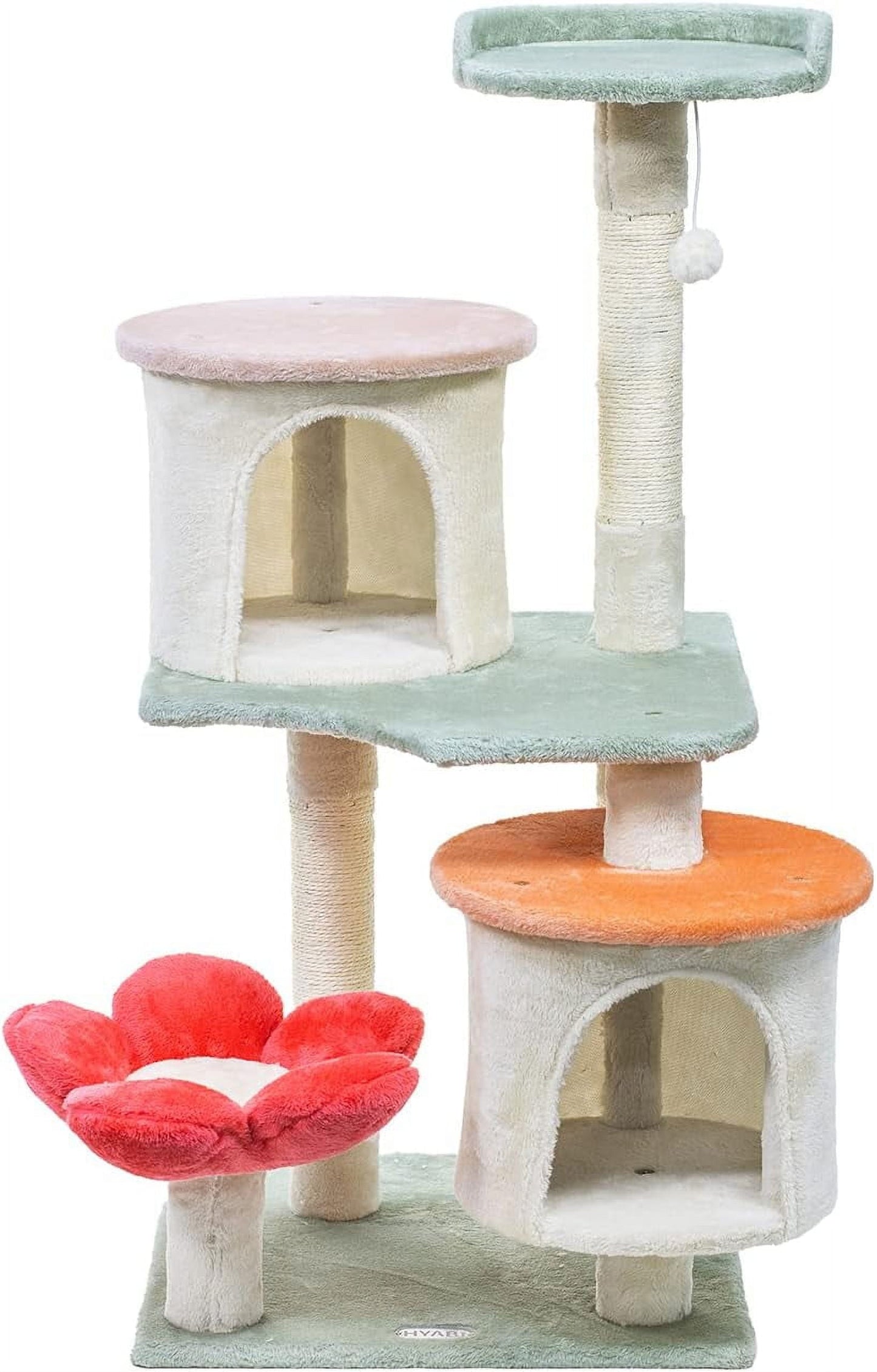 Flower cat climbing frame, tower-style apartment furniture suite, soft resting area cat play platform, multi-level toy ball pet house with scratch posts, indoor cat play facilities.