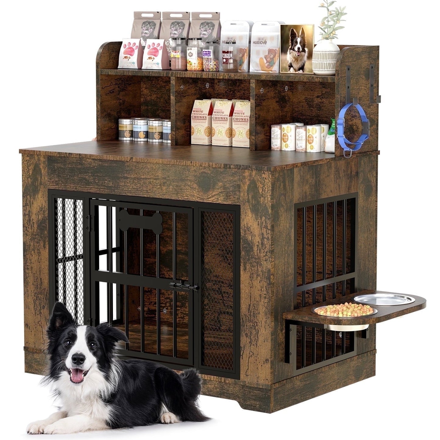 Behost 34" Industrial Dog Crate Furniture with Feeding Bowls LED Light Bone Nameplate Double Layer Storage for Large Dogs Rustic Brown