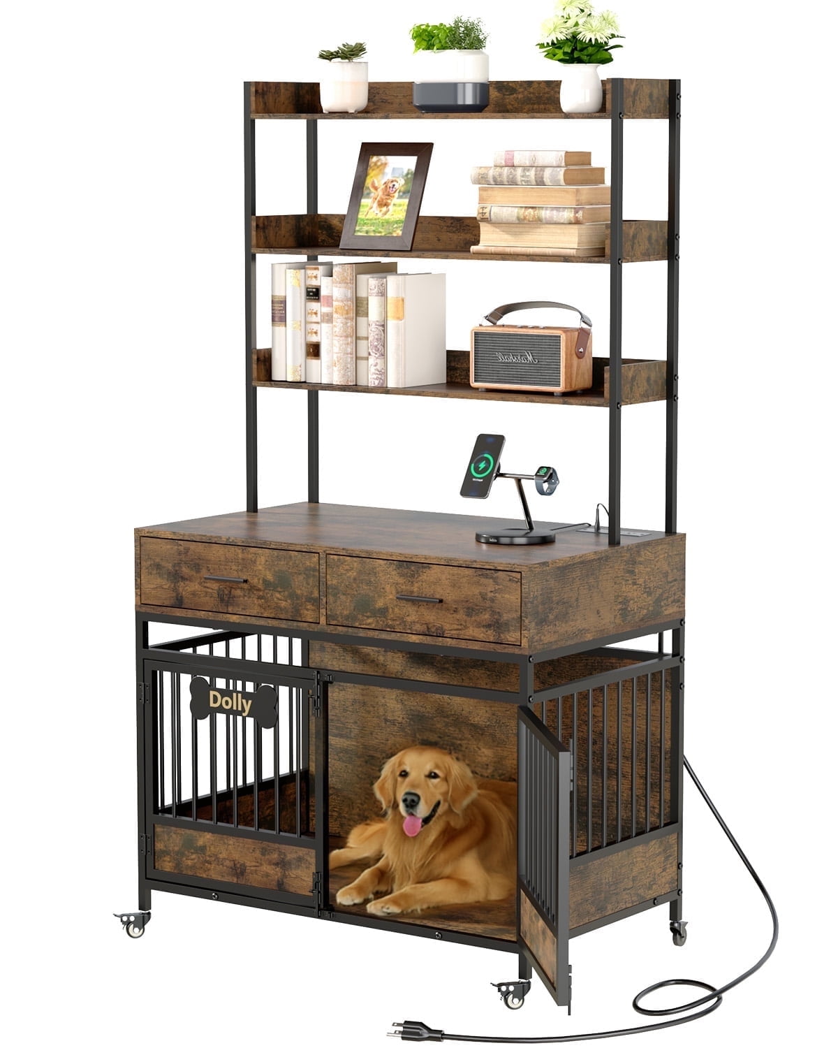 Behost 70.8" Large Dog Crate with 3 Tier Shelves Power Outlet LED Light Adjustable Feet and Wheels Bone Shaped Nameplate Rustic Brown
