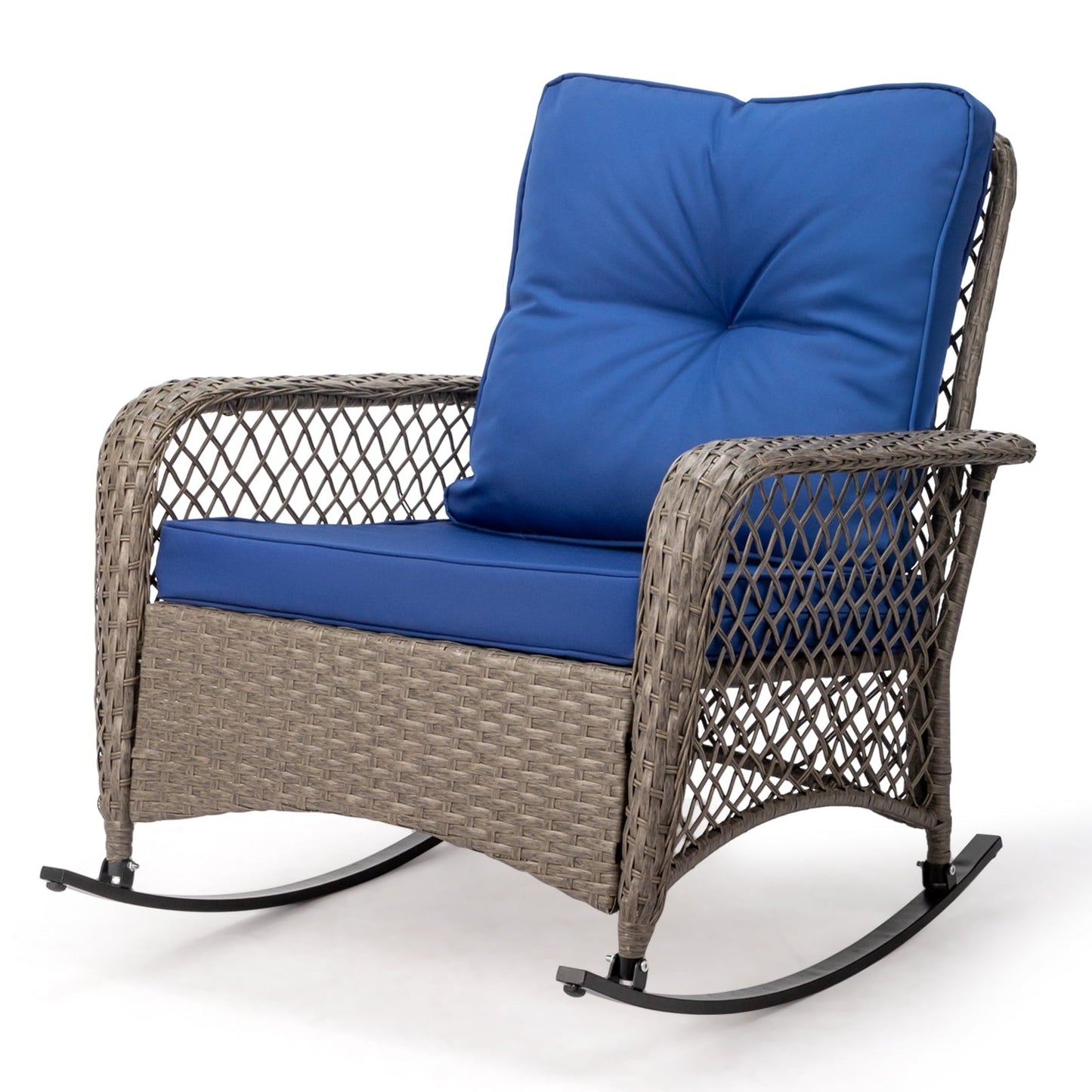 Ktaxon Outdoor Woven Rattan Rocking Chair with Blue Cushion, Large Wicker Patio Furniture, Grey and Blue