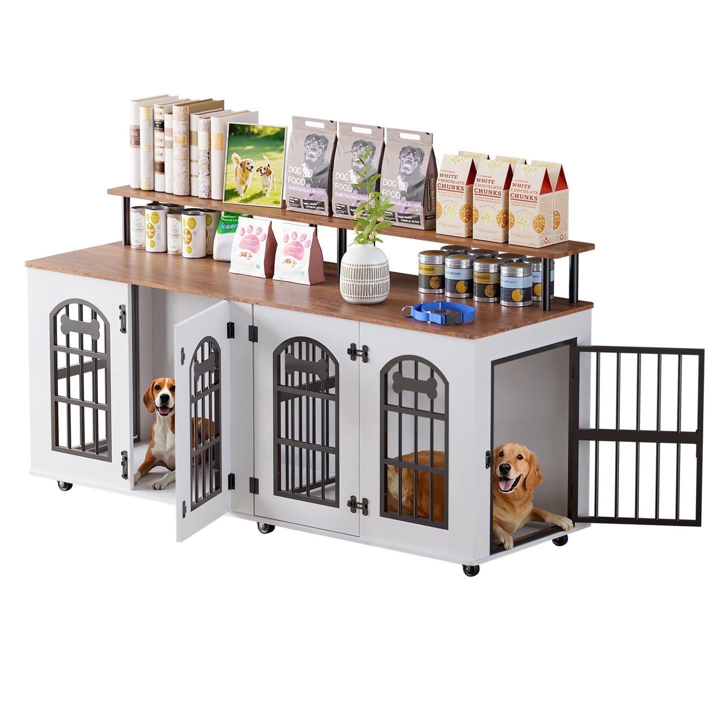 Behost 71" Double Dog Crate with Removable Divider Double Doors Wheels and Bone Shaped Nameplate for Large Dogs Industrial Brown