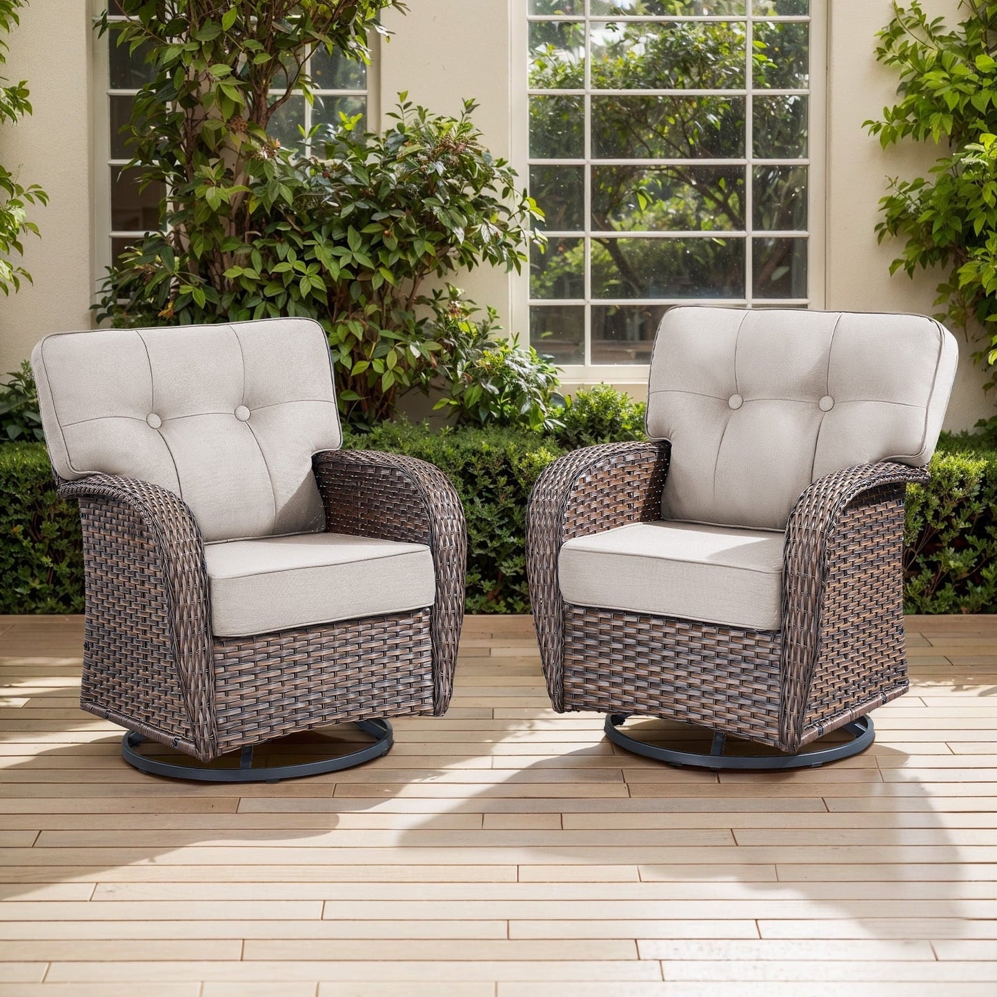 OPOHORO Outdoor Glider Chairs Set of 2, Brown Wicker Patio Furniture Swivel Rockers with T Shape-Back Cushions and 5" Thick Foam, Ideal for Porch and Yard, Beige