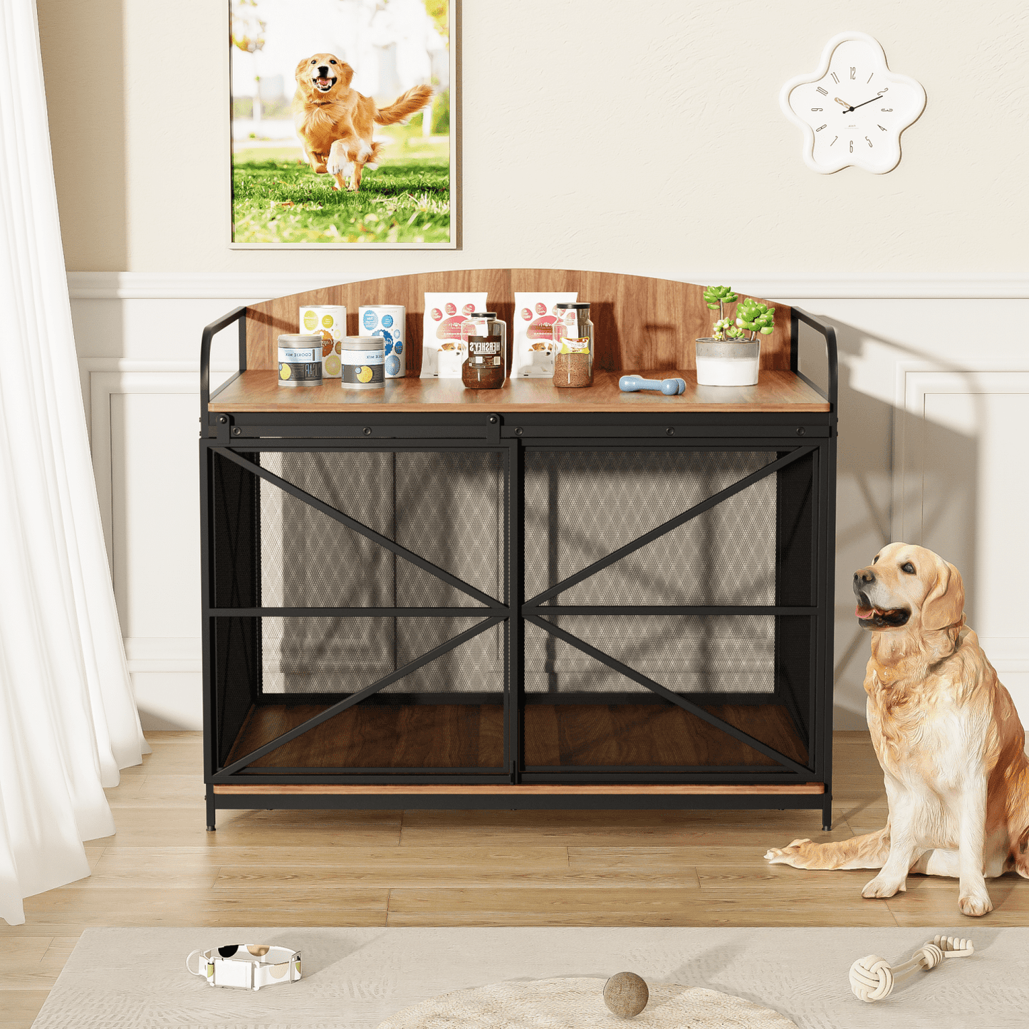 Noaman 42.8" Heavy Duty Farmhouse Dog Crate Furniture, Wooden Indoor Kennel & End Table for Large Dogs, Brown, Supports Up to 110lbs