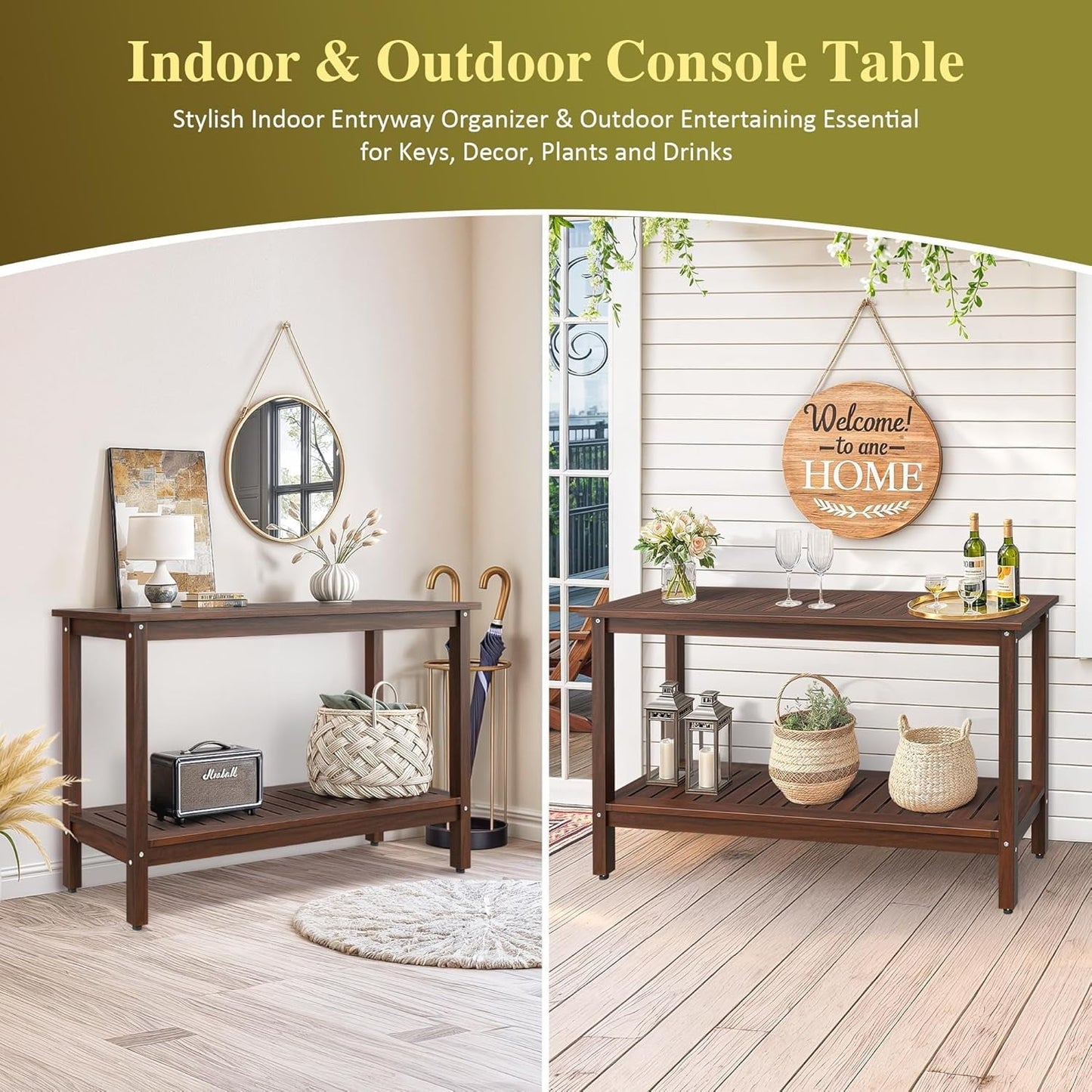 WANSHUN All-Weather Patio Bar Table Entry Console Table, 2-Shelf 48 inch Solid Wood Indoor Outdoor Buffet Storage Organizer with Adjustable Feet, Espresso