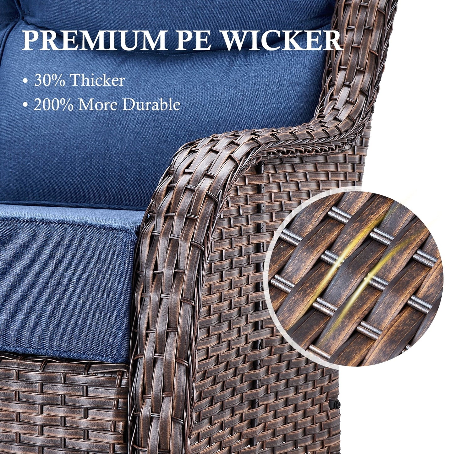 OPOHORO 71" Wide Brown Wicker Patio 3-Seat Couch, Weather Resistant Rattan Outdoor Furniture Sofa with Deep Seat for Patio Backyard Porch, Blue Cushion
