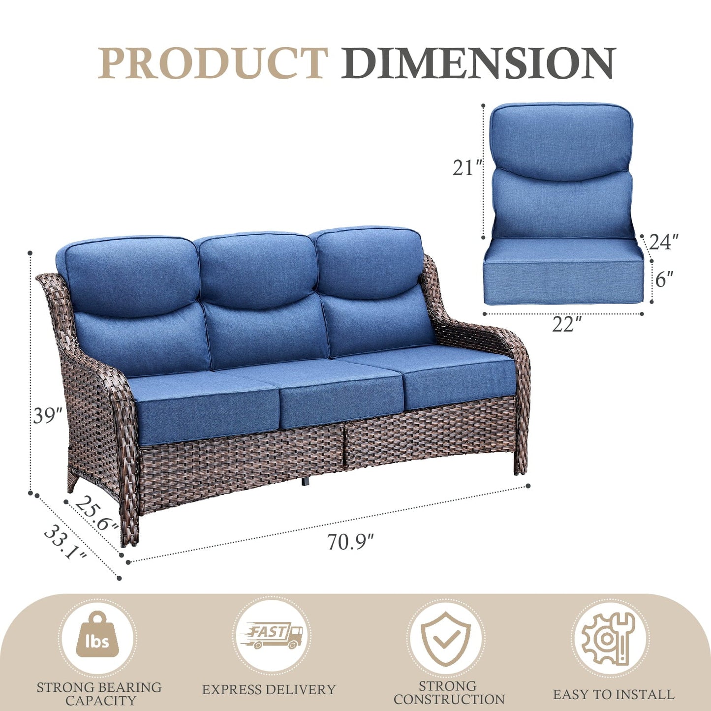 OPOHORO 71" Wide Brown Wicker Patio 3-Seat Couch, Weather Resistant Rattan Outdoor Furniture Sofa with Deep Seat for Patio Backyard Porch, Blue Cushion