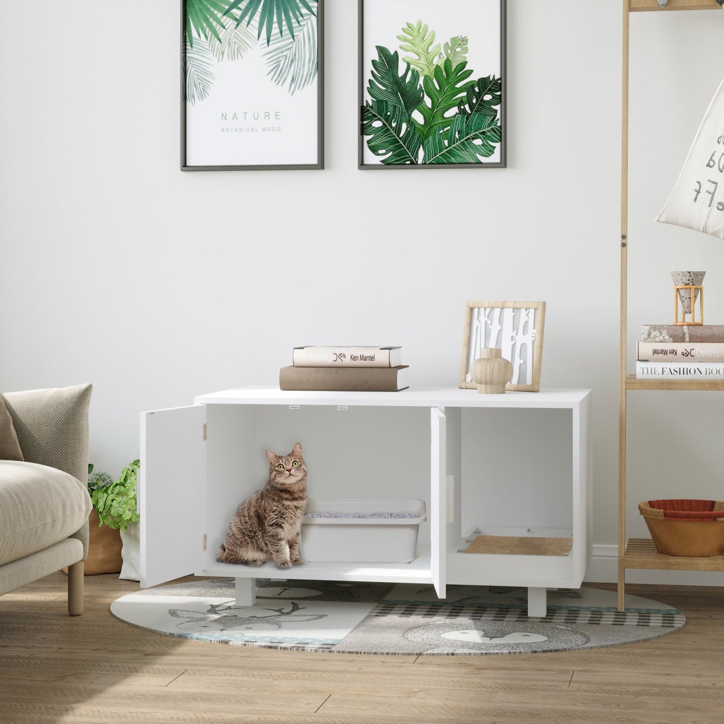 Noaman Wooden Cat Litter Box Enclosure & House with End Table Design, Magnetic Doors & Cat Scratcher, Multi-Functional Hidden Washroom for Kitty, White, 35.75"L x 20.5"W x 20"H