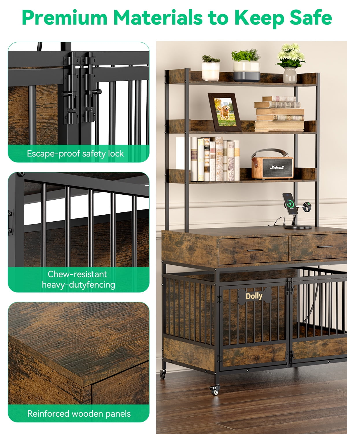 Behost 70.8" Large Dog Crate with 3 Tier Shelves Power Outlet LED Light Adjustable Feet and Wheels Bone Shaped Nameplate Rustic Brown