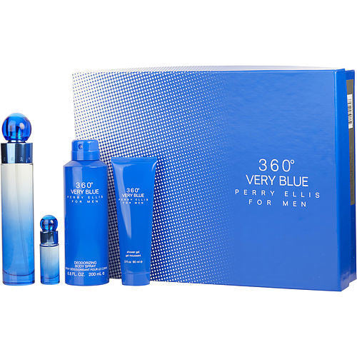 Perry Ellis 360 Very Blue By Perry Ellis Edt Spray 3.4 Oz & Body Spray 6.8 Oz & Shower Gel 3 Oz & Edt Spray .25 Oz Mini(D0102Hxq