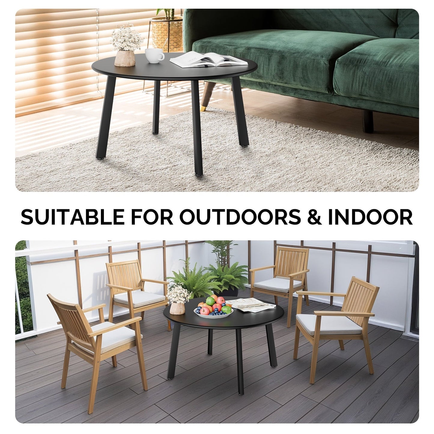 XIlee Patio Coffee Table, 28" Metal Steel Outdoor Round Table Outdoor Side Coffee Table for Outside Patio, Black