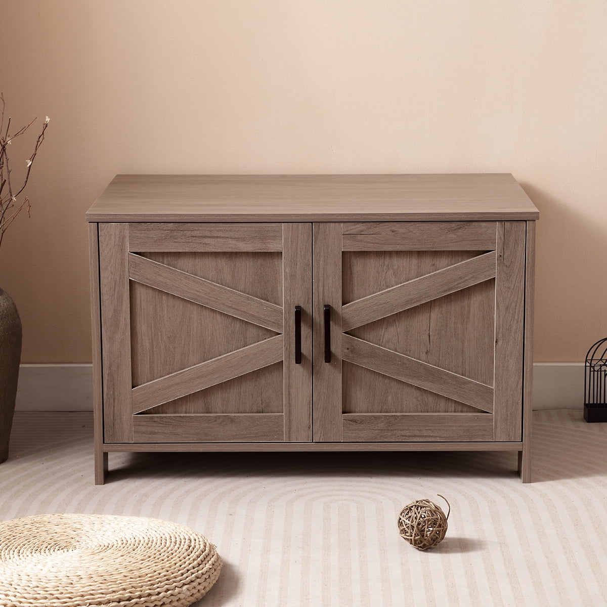 Noaman Cat Litter Box Enclosure with Barn Door, Wooden Cat Washroom Furniture & End Table, Fits Most Litter Boxes, 31.5"x19.7"x19.7", Greige