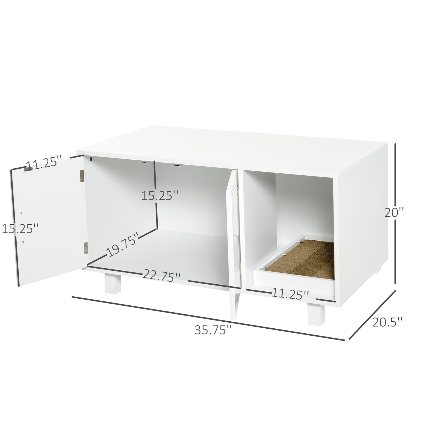 Noaman Wooden Cat Litter Box Enclosure & House with End Table Design, Magnetic Doors & Cat Scratcher, Multi-Functional Hidden Washroom for Kitty, White, 35.75"L x 20.5"W x 20"H