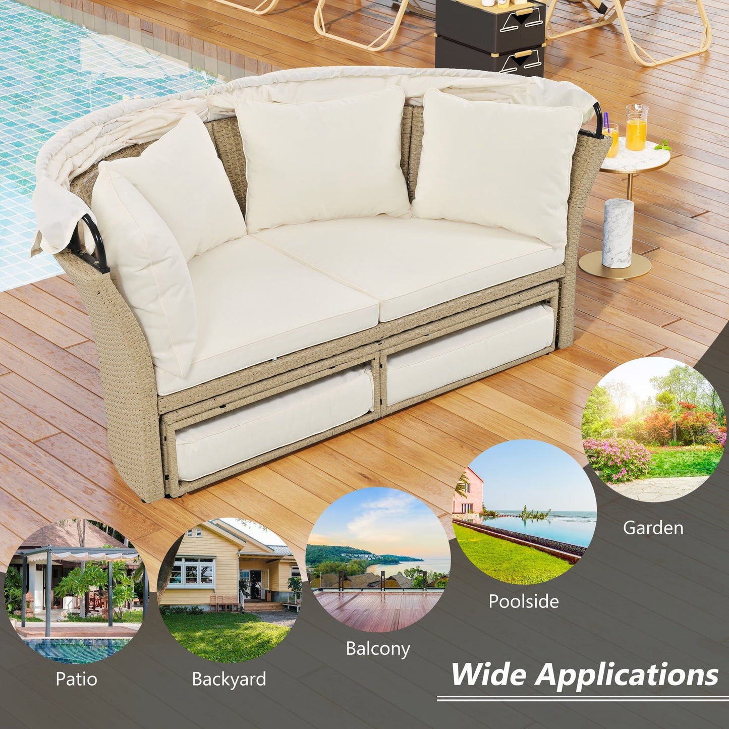 Outdoor Rattan Double Daybed with Retractable Shade, 4 Pillows Included for Lawn, Garden, or Poolside, Beige