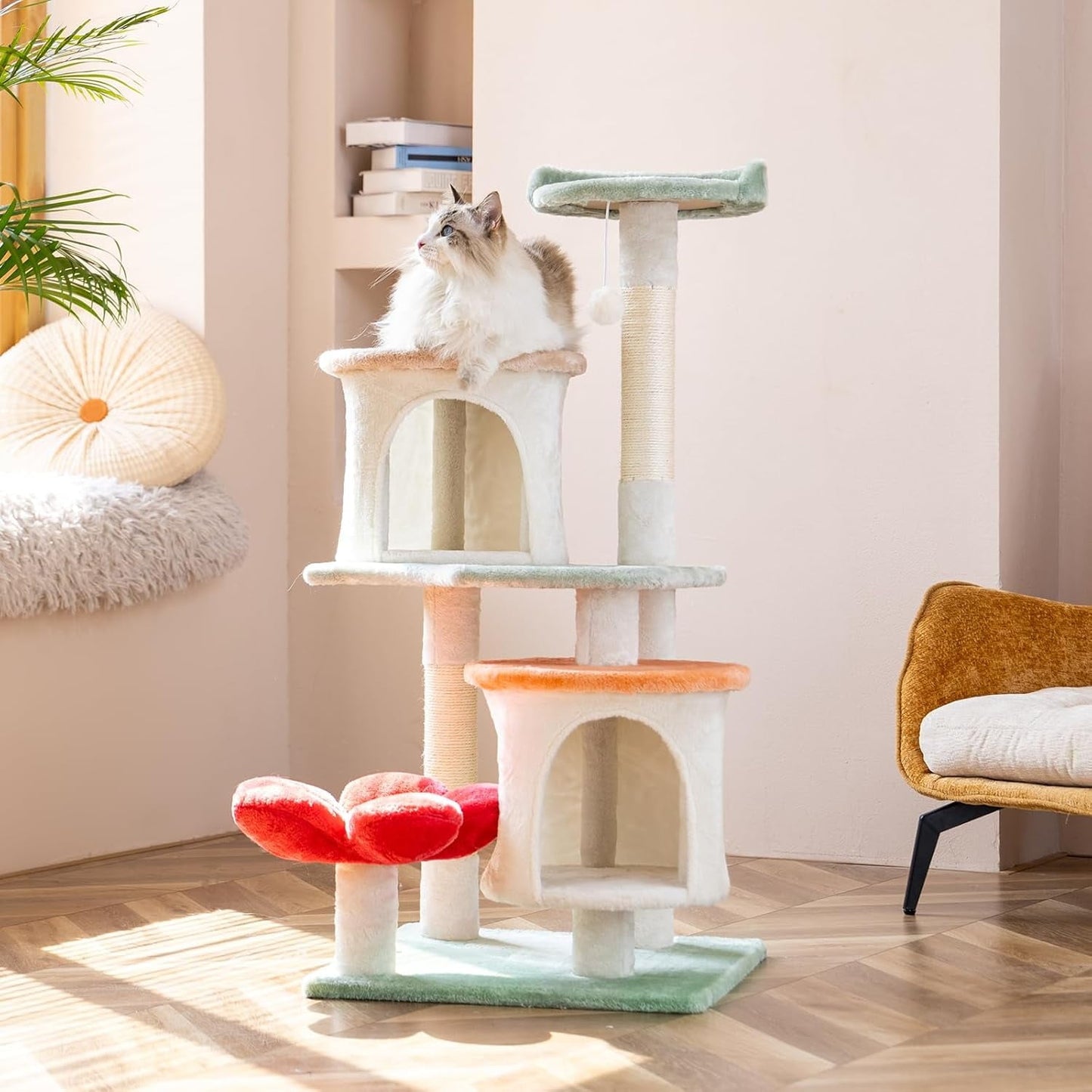 Flower cat climbing frame, tower-style apartment furniture suite, soft resting area cat play platform, multi-level toy ball pet house with scratch posts, indoor cat play facilities.
