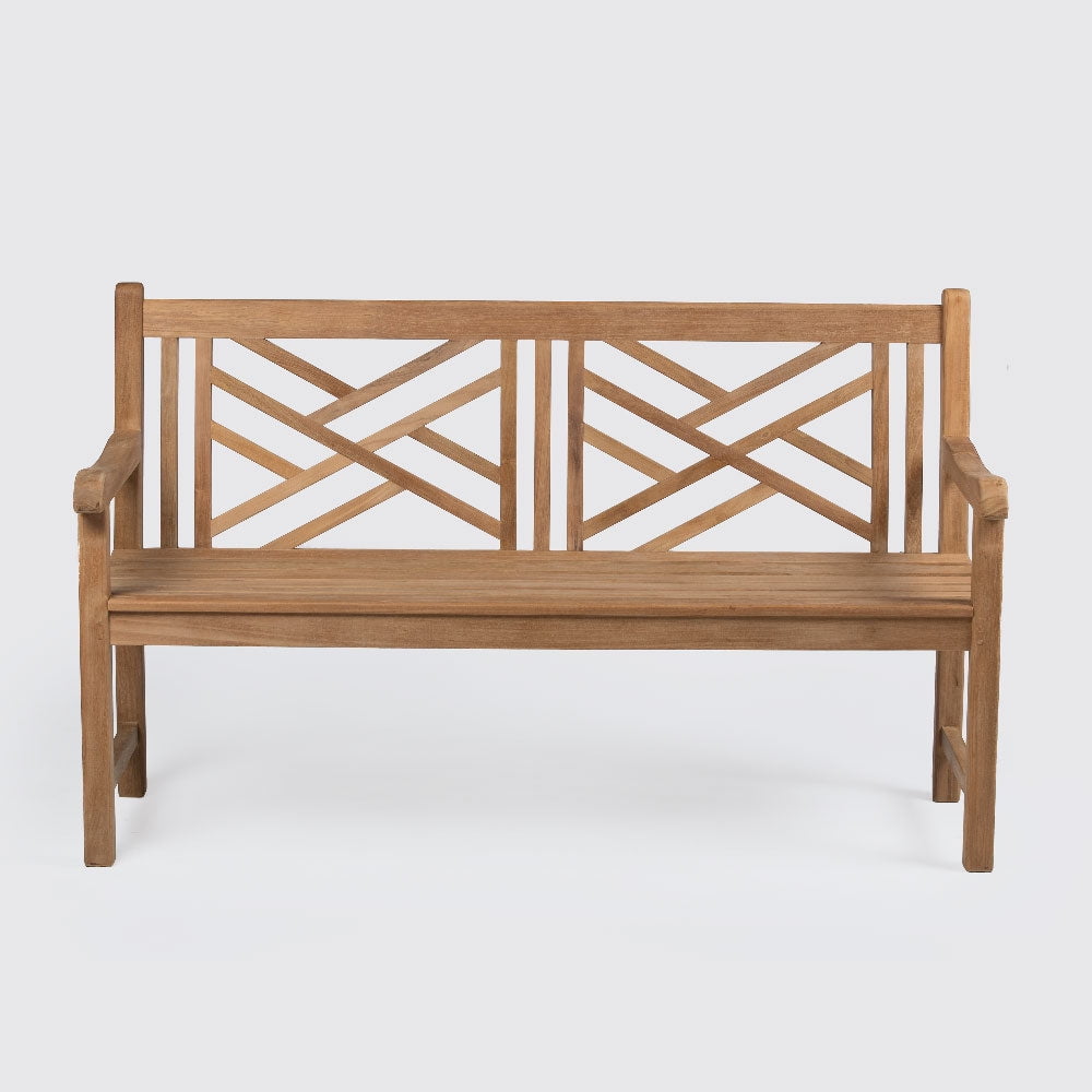 Ash & Ember Summit Grade A Teak 59" Cross Bench, Seats 2 People, Weather Resistant Solid Wood Patio Furniture, Crisscross Back Design with Tightly Spaced Slats