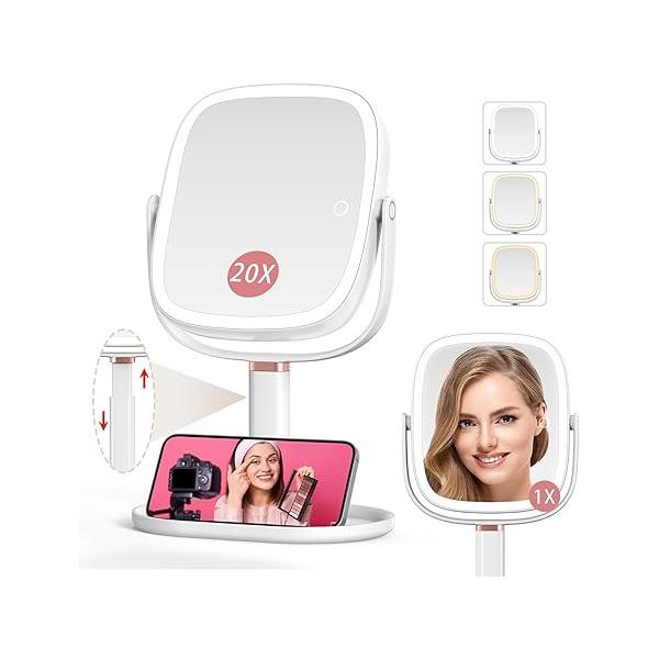 Mocado Makeup Mirror with Lights, 1X/20X Magnifying Light, Vanity 3 Colors Height Adjustable Lighted Mirror, Double Sided 360°Rotation, Memory Function (Pink)