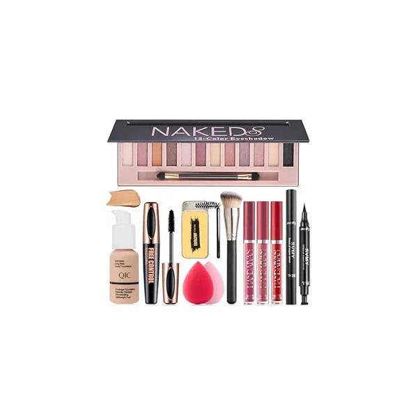 All in One Makeup Kit, Includes 12 Colors Naked Eyeshadow Palette, Beige Liquid Foundation, Lipstick Set, Eyebrow Soap, Eyeliner Stamp, Waterproof Mascara, Brush, Sponges