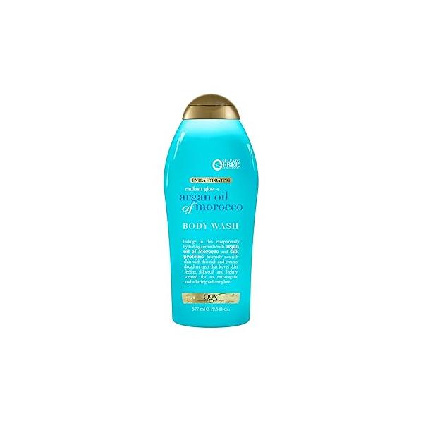 OGX Radiant Glow + Argan Oil of Morocco Extra Hydrating Body Wash for Dry Skin, Moisturizing Gel Cleanser Silky Soft Women, Sulfate-Free Surfactants, 19.5 fl oz