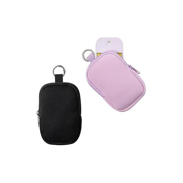 uekeboag 2Pcs Small Soft Neoprene Pouch with Zipper, Mini Portable Makeup Bag,Fashion Accessory Snap Hook,Coin Purse Lipstick Cosmetic Travel Organizer(Black and Lilac)