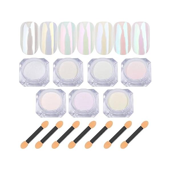 7 Colors White Pearl Chrome Nail Powder Aurora Metallic Holographic Mirror Effect Iridescent Shell Glitter Art Pigment Manicure for Nails (White Pearl)