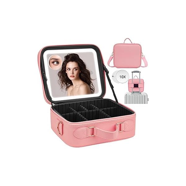 Travel Makeup Bag with Light Up Mirror,Makeup Case adjustable dividers,Waterproof Train Case,lighted Detachable Mirror