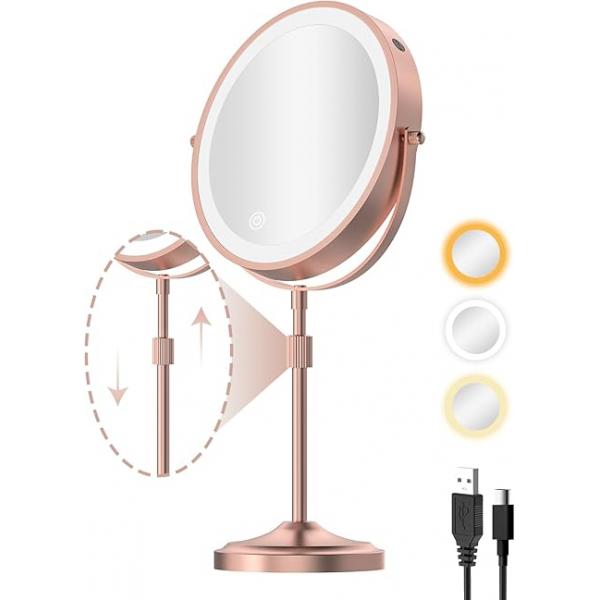 9" Lighted Makeup Mirror with 1X 10x Magnification, 5000mAh Rechargeable Led Magnifying Vanity mirror lights, 3 Lighting Colors, Brightness Dimmable Height Adjustable Cosmetic Black