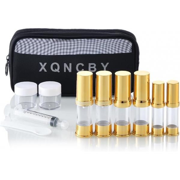 Golden Airless Pump Bottle Travel Set with Box Refillable Empty Cosmetic Vacuum bottles for liquids such as Hand Soap,Toner,Foundation,Hair Oil,Lotion and Cream(1oz/30ml,4 Pack)